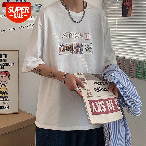 

net red short-sleeved t-shirt male white american retro loose hong kong style men and women #5o5n, White;black