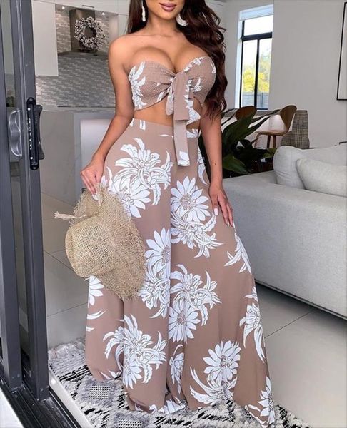 

floral print bandeau knotted womens tracksuits and maxi skirt set 2pcs suits club party midi dress, Gray