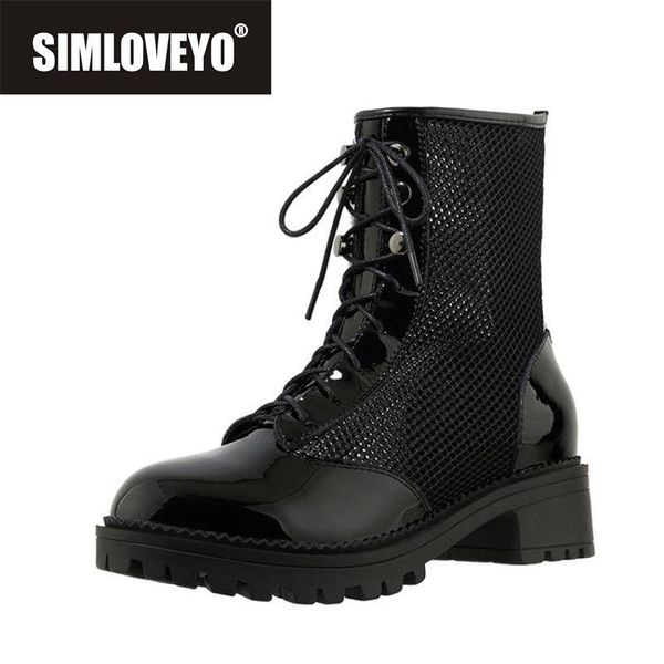 

boots simloveyo 2021 women ankle round toe 4.5cm block heels patent leather lace-up zip breathable big size 34-43 b2472, Black