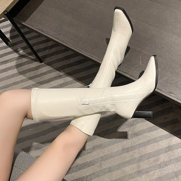 

boots 2021 knee high solid color winter ladies shoes thick heels square toe women black