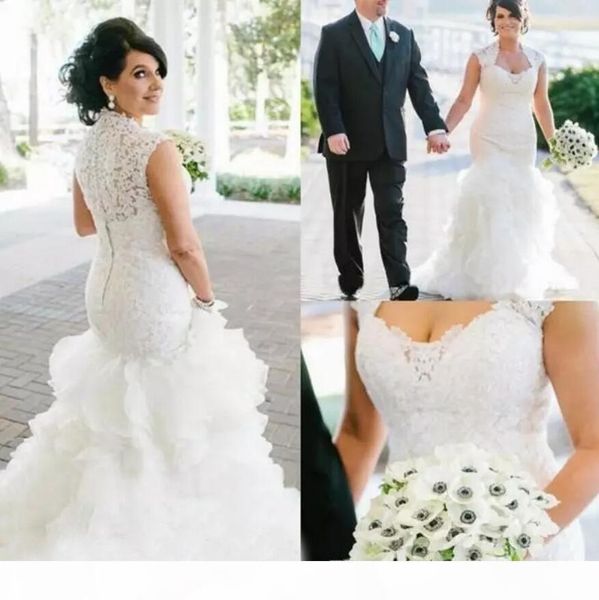 Meerjungfrau Kleider Vintage Portrait Ausschnitt Spitze Applique Rüschen Nach Maß Sweep Zug Land Hochzeit Brautkleid Vestido De Novia