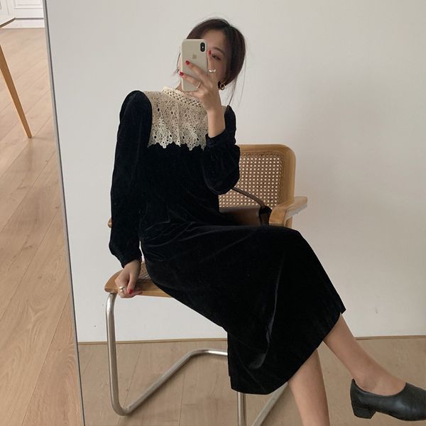 

women's dresses long korean sleeves elegant fine girly shredded lace meadows of chic casual calf new dress gm8g, Black;gray