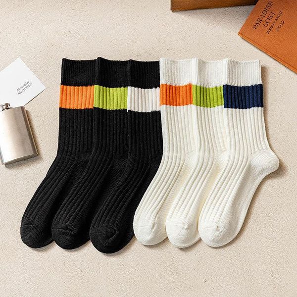 

men's socks 1 pair and women's autumn winter color matching medium tube thick line thickened retro hong kong style, Black