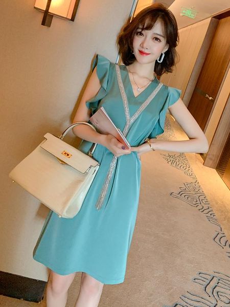 

casual dresses simple style v-neck ruffle sleeveless loose chain lace dress for women, Black;gray