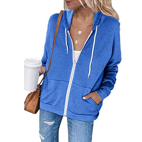 

women's jackets solid color long sleeve hooded sweater fashion drawstring zipper cardigan with pocket autumn clothes for women wholesal, Black;brown