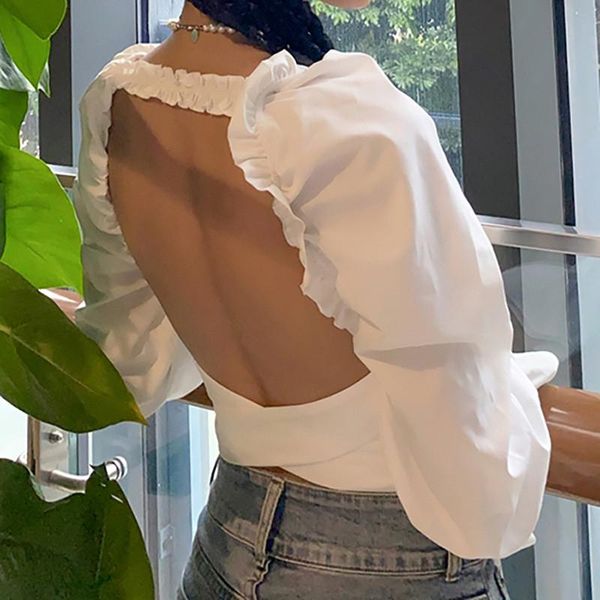 

women's t-shirt gniherii 2021 ladies elegant backless t shirt long sleeve v neck ruffled bandage navel slim all-matching tee, White