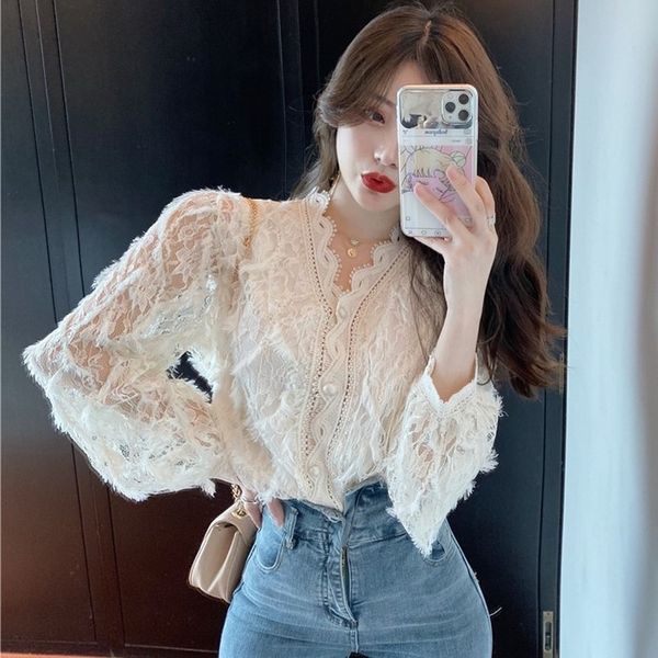 

2021 new hollow out the ribbon shredded female blouse v neck long sleeve sweater thin solid shirt tpmi, Black