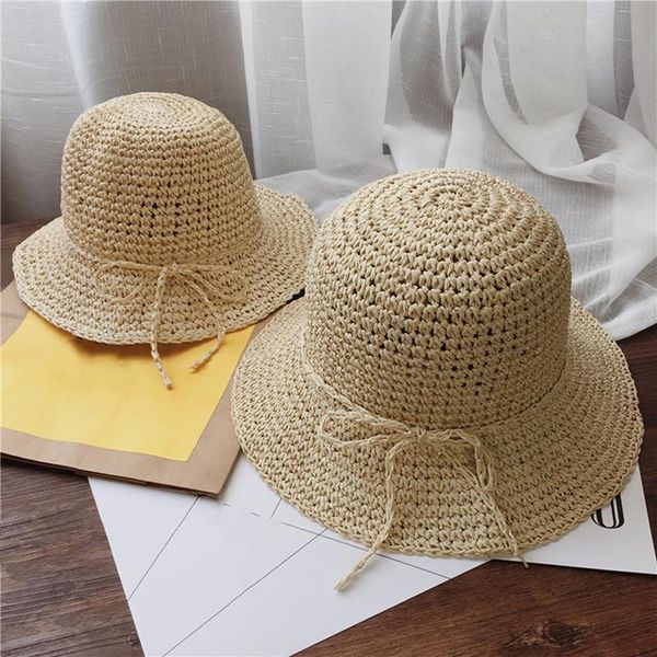 

floppy straw hat women kids wide brim beach sun hat foldable handmade straw shade anti uv cap parent-child cap, Black;white