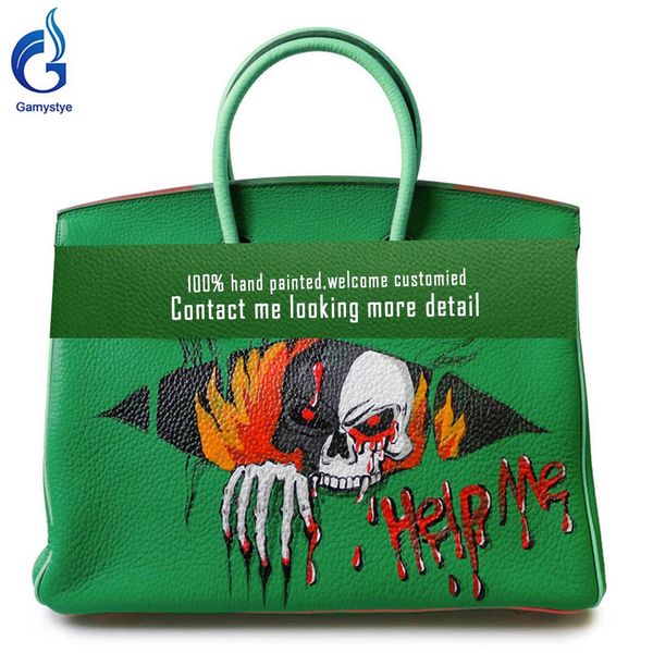

hand painted art skull with strange face luxury genuine leather bags for women handbag designer bag crossbody bag, Black;red