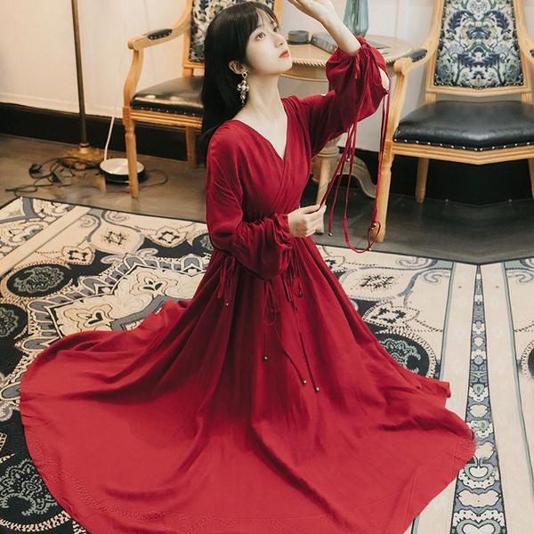 

casual dresses 2021 elegant women red dress female v-neck long sleeve party a-line vintage clothing vestidos, Black;gray