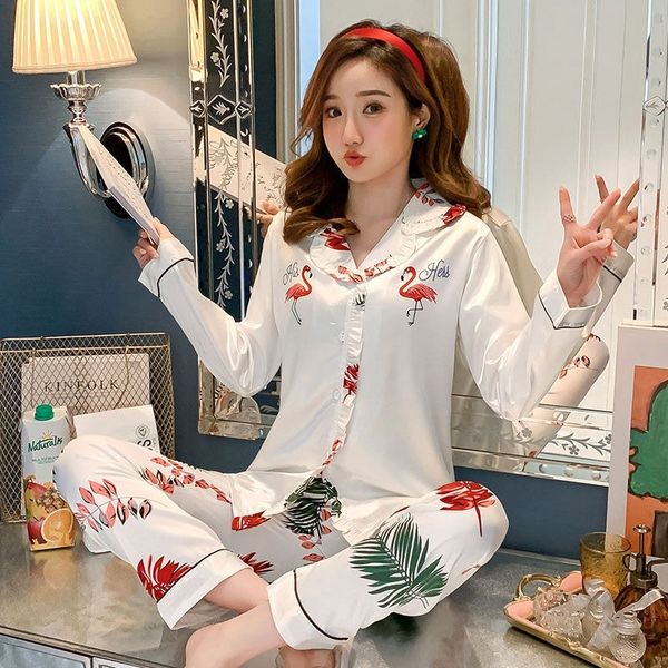 2020 autunno a maniche lunghe in raso di seta simpatico cartone animato fenicottero pigiama set per le donne pigiameria vestito homewear pijama mujer vestiti per la casa X0526