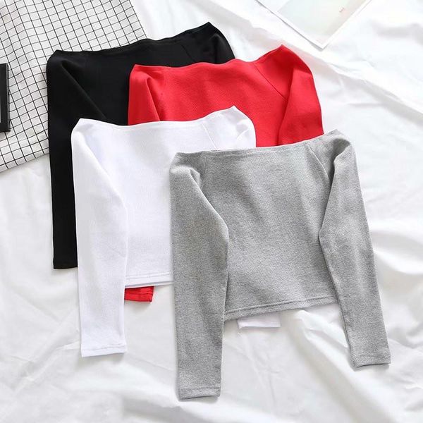 

women's t-shirt summer style street solid color shoulder long-sleeved women, and thin short stretch women, White