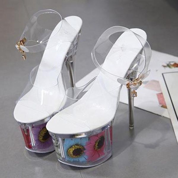 

sandals 17cm transparent pole dance high heels heel crystal ladies 2021 female summer sunflower, Black