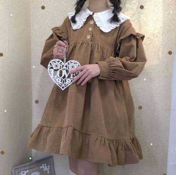 

magogo japanese girl cute long sleeve dress loose solid color corduroy ruffle mini dress for soft sister, Black;gray