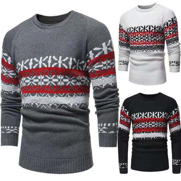 

men's hoodies & sweatshirts autumn and winter new christmas snowflake casual slim round neck knitted pullover sweater 5263, Black
