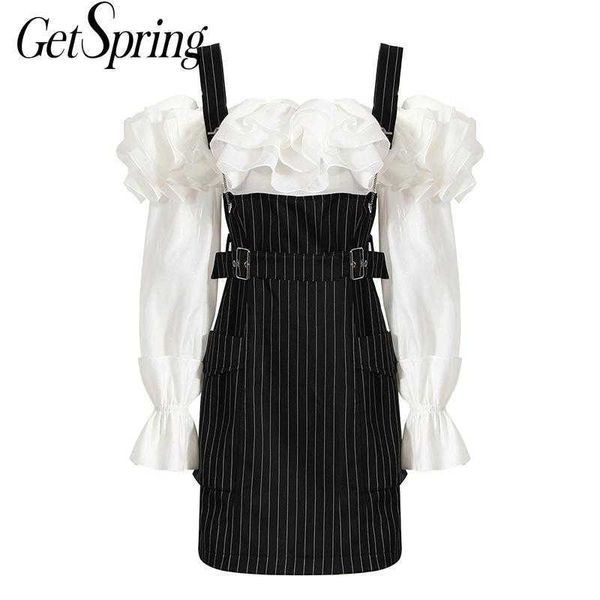 

getspring women dress striped patchwork slash neck off shoulder summer es fake two ladies es slim thin mini 210601, Black;gray