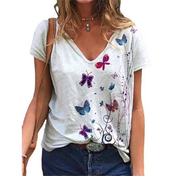 

style print short sleeves women's t-shirt loose bottom korean casual slim summer plus size v-neck female lr1255 210531, White