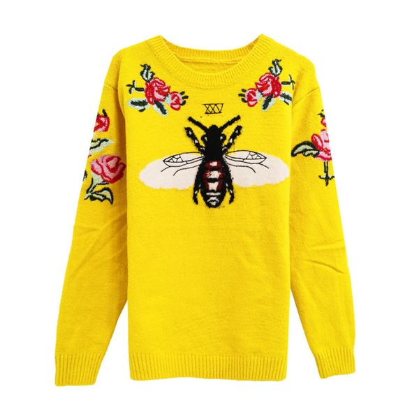 

autumn and winter 2121 new bee slim and age reducing embroidery cartoon round neck long sleeve sweater0, White;black