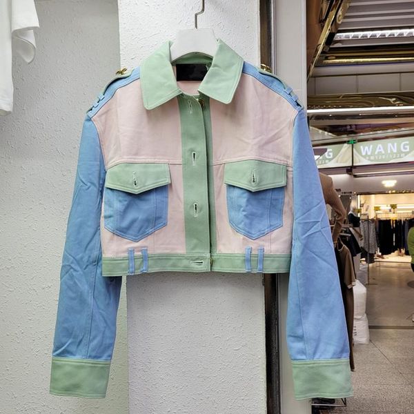 

women's jackets vintage patchwork hit color women short denim outerwear autumn 2021 casual lapel single-breasted long sleeve female jea, Black;brown