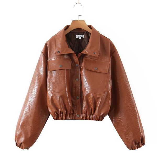 

women's jackets women 2022 fashion artificial leather with pocket coat retro long sleeve elastic hem casual outerwear streetwear, Black;brown