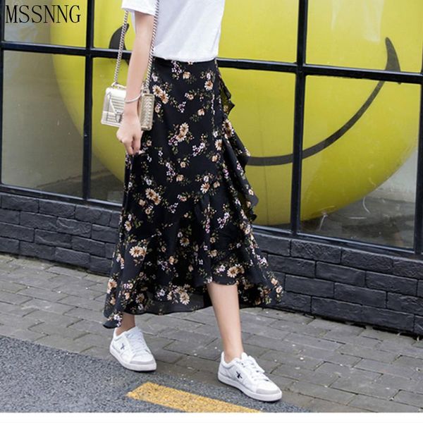 

skirts mssnng high waist chiffon lace skirt flshtail a word wrapped irregular chic wind without elastic 2021 spring and summer, Black