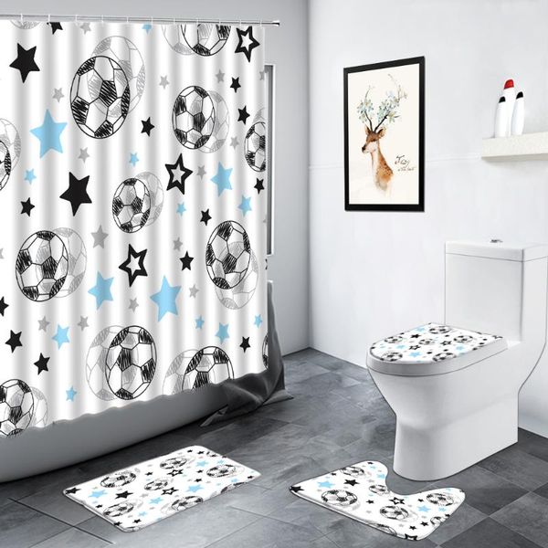 

shower curtains black white football waterproof curtain stars creative design bathroom decor carpet set non-slip rug toilet lid bath mats