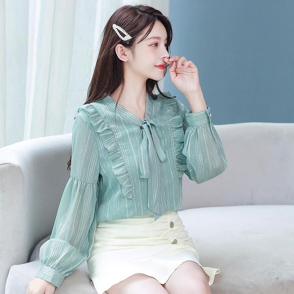 

2021 new ruffles bow chiffon blouse casual clothing elegant female long sleeve chiffon shirt autumn, White