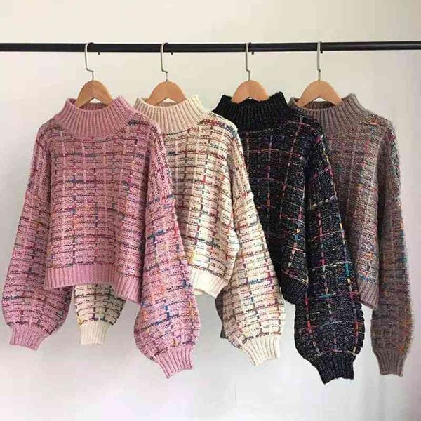 

autumn winter plaid sweater women korean lazy wind short loose casual checkered lantern sleeve pullovers girls 210805, White;black