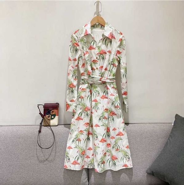 

casual dresses double-layer 100% cotton design dress women high waist slimming with belt flamingos, Black;gray