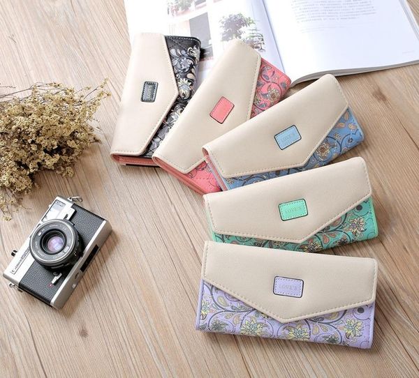 

wallets korean pastoral small floral rhombus hit color envelope buckle ladies wallet three fold women bag clutch, Red;black