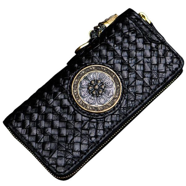 

wallets high-grade handmade black crocodile skin knitting purses men long clutch vegetable tanned leather wallet card holder, Red;black