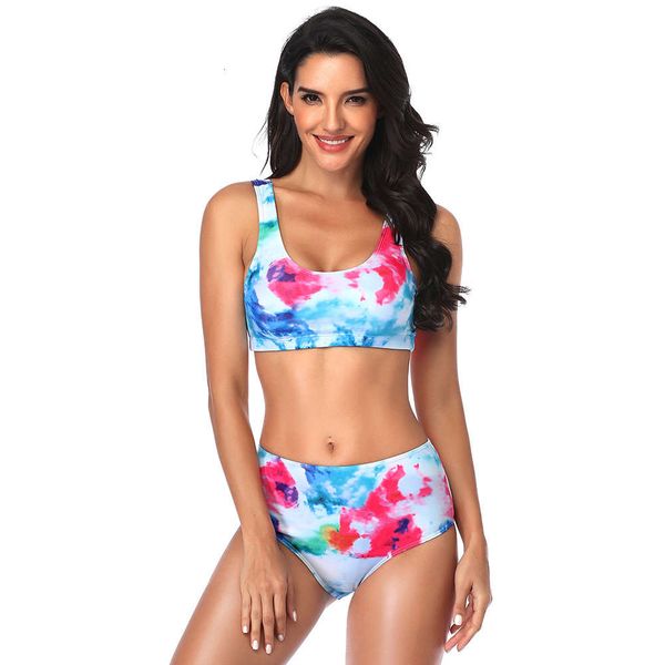 

tie dye print high waist bikini split women's large swimsuit, White;black
