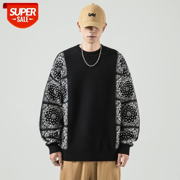 

new ethnic style color patchwork knit street stylish men's hip hop casual pullovers sweaters male fashion full sleeves paisley #lx0i, White;black