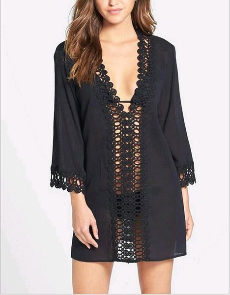 

swimwear bikinis cover up lace crochet flower v-neck uv-protection beach dress plus size beachwear sale