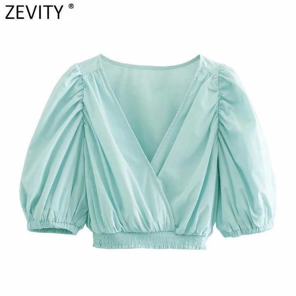 

zevity women cross v neck pleat puff sleeve solid short smock blouse femme hem elastic kimono shirt chic blusas ls7630 210603, White