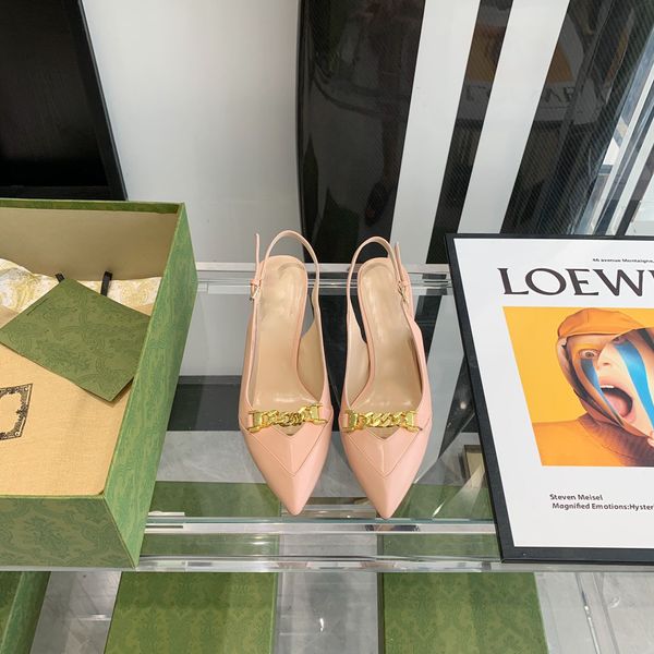 

new chain patent leather pointed high heels, thin heel single shoes, back empty shallow mouth, slotted buckle outlets, Black