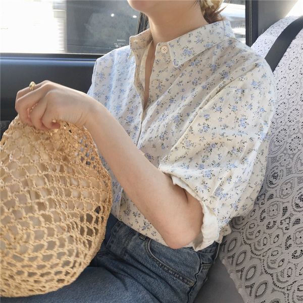 

chic foreign fresh small floral single-breasted puff sleeve shirt blouse female summer 210225, White