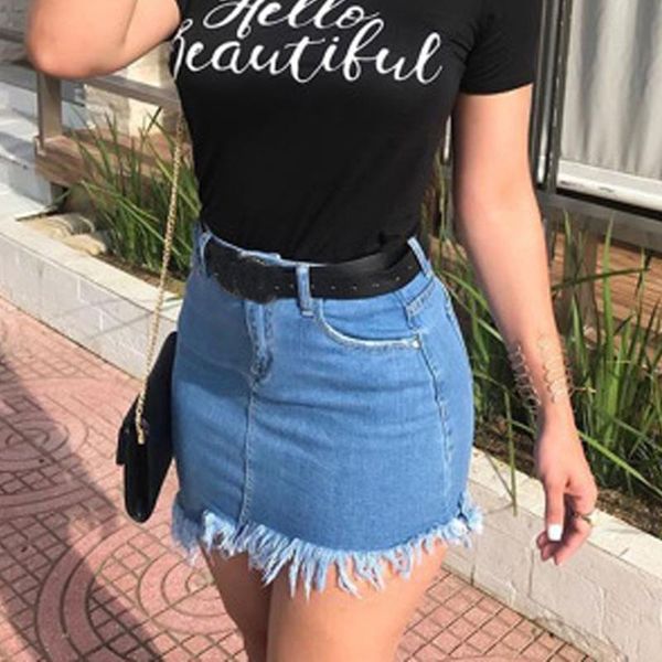 

skirts denim skirt blue jean women chic high waist tassels zipper pockets skinny mini short pencil, Black