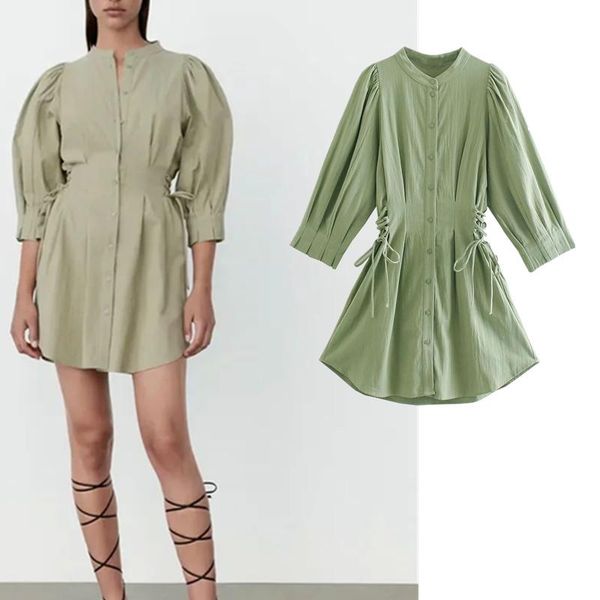 

casual dresses zbza women's autumn solid color shirt style fashion pleated waist tether trend three-quarter sleeve mini dress, Black;gray