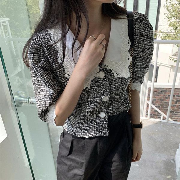 

2021 patchwork lace lady lapel elegance shirts streetwear sweet women loose all match stylish new blouses, White