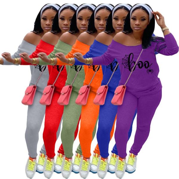 

women's two piece pants q77295 european and american autumn halloween printed diagonal collar long sleeve fashion leisure suit spot sup, White