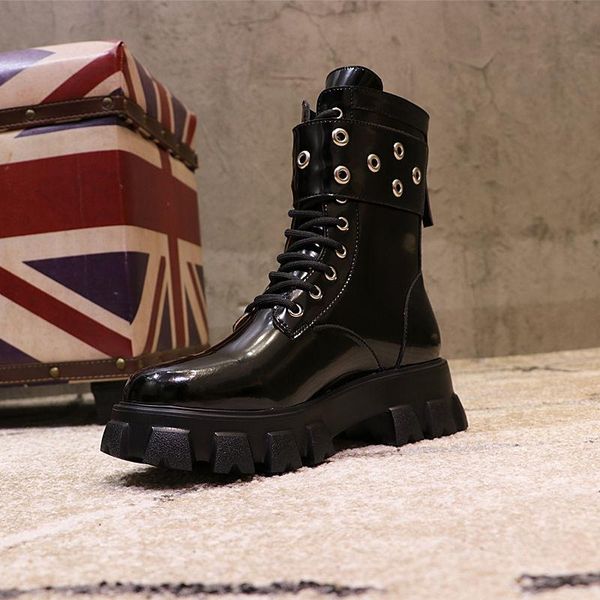 

boots white british style women motorcycles thick-soled platform mid-tube leather female fashion, Black