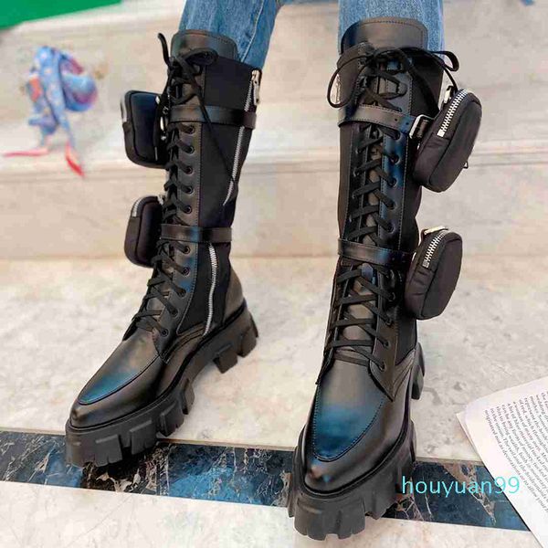 

real leather rois long boots black nylon pouch combat half boot women designer winter platform martin booties with box 69525