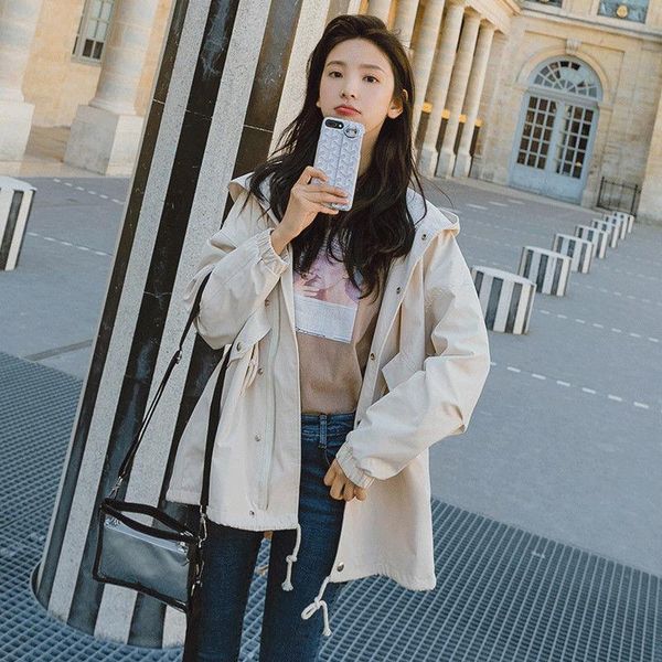 

women's trench coats 2021 autumn and winter ladies korean fashion casual harajuku plus size hoodie mid-length windbreaker j, Tan;black