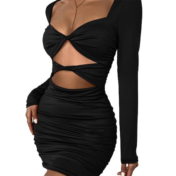 

casual dresses elegant long sleeve mini for women party evening club female outfits fall solid color hollow out bodycon dress, Black;gray