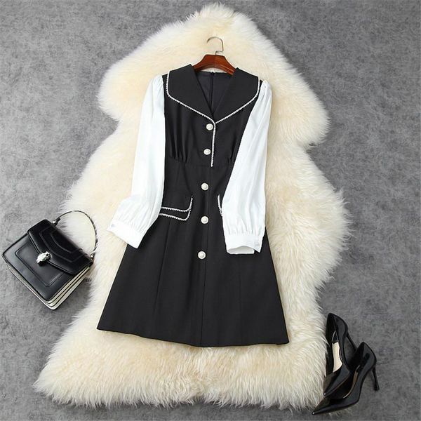

casual dresses fashion women autumn dress 2021 clothing long sleeve beading white black color block elegant lady, Black;gray