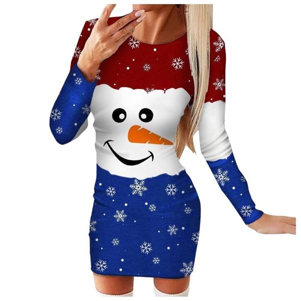 Günlük Elbiseler Zarif Kadınlar Noel Baskı Elbise Kardan Adam Sevimli Baskılı Uzun Kollu Bodycons Mini Kadın Yuvarlak Boyun Bodycon Vestido Robe