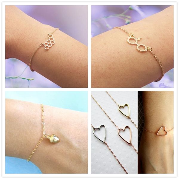 

10pcs diamond arrow infinity infinite heart circle round apple cross hashtag glasses pinecone mountain bracelet minimalist geometric jewelry, Golden;silver