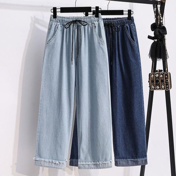 

cuffs denim wide leg pants women plus size 5xl loose elastic high waist straight leg trousers casual korean style blue jeans