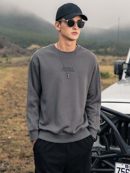 

men letter embroidery crew neck sweatshirt w2w9#, Black